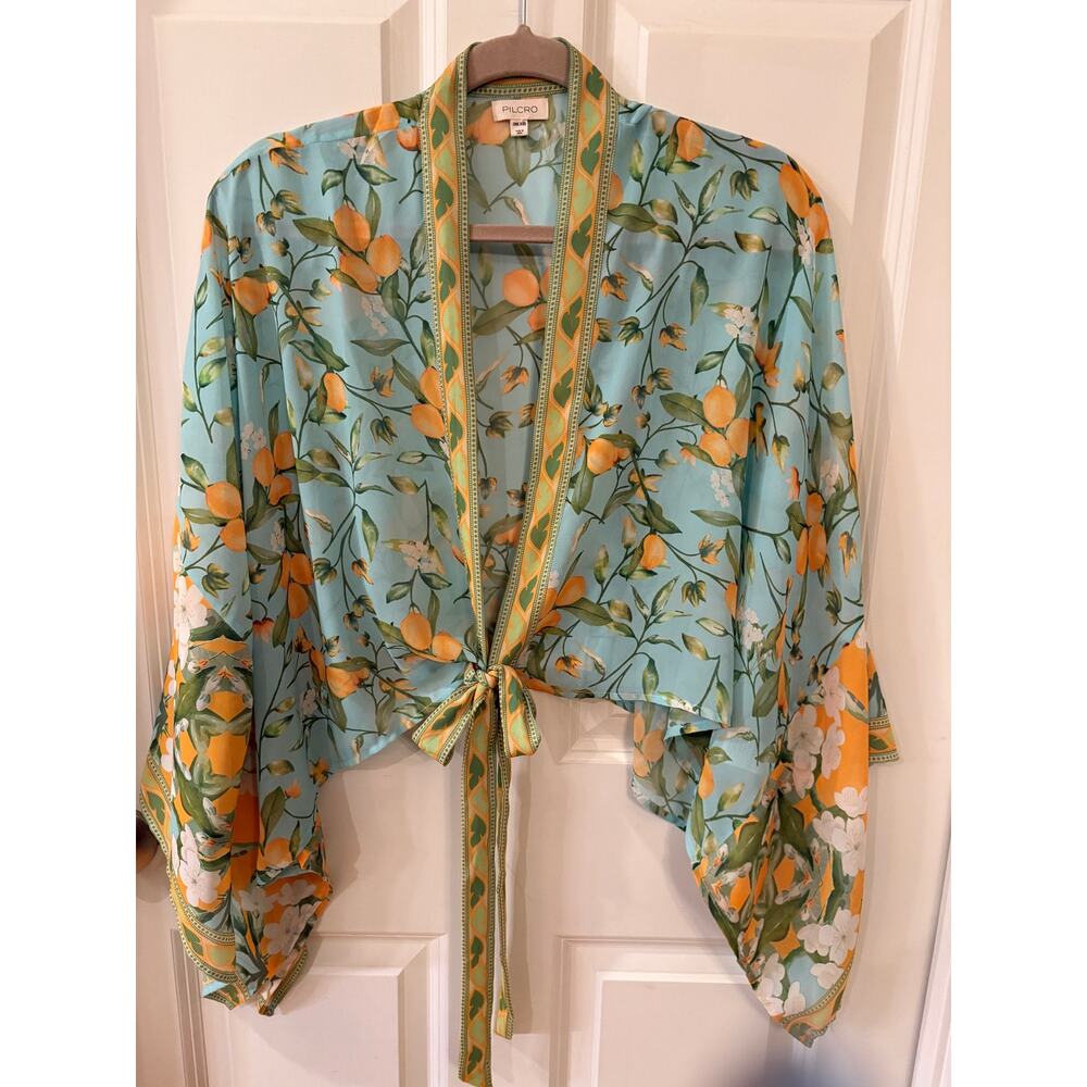 Anthropologie Pilcro Kimono Aqua Blue Lemon Print Lightweight Boho Beachy OS - Picture 2 of 15
